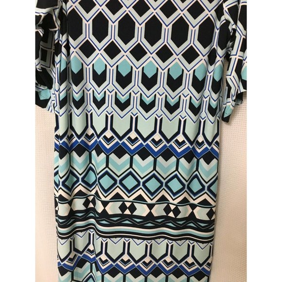 Chico's Knit Stretch Dress 1 Aqua Navy Blue White Geometric Work Church D1 - Picture 6 of 8